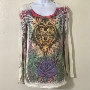 Vintage Y2K Colorful Heart Rose Fairy Grunge Punk McBling Long Sleeve Top L